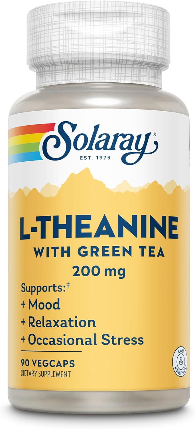 Solaray L-Theanine 200mg with Green Tea Leaf Extract 100mg for Relaxation, Stress Relief, Improved Mood, and Focus - Non-Drowsy Formula - 90 Vegetarian Capsules