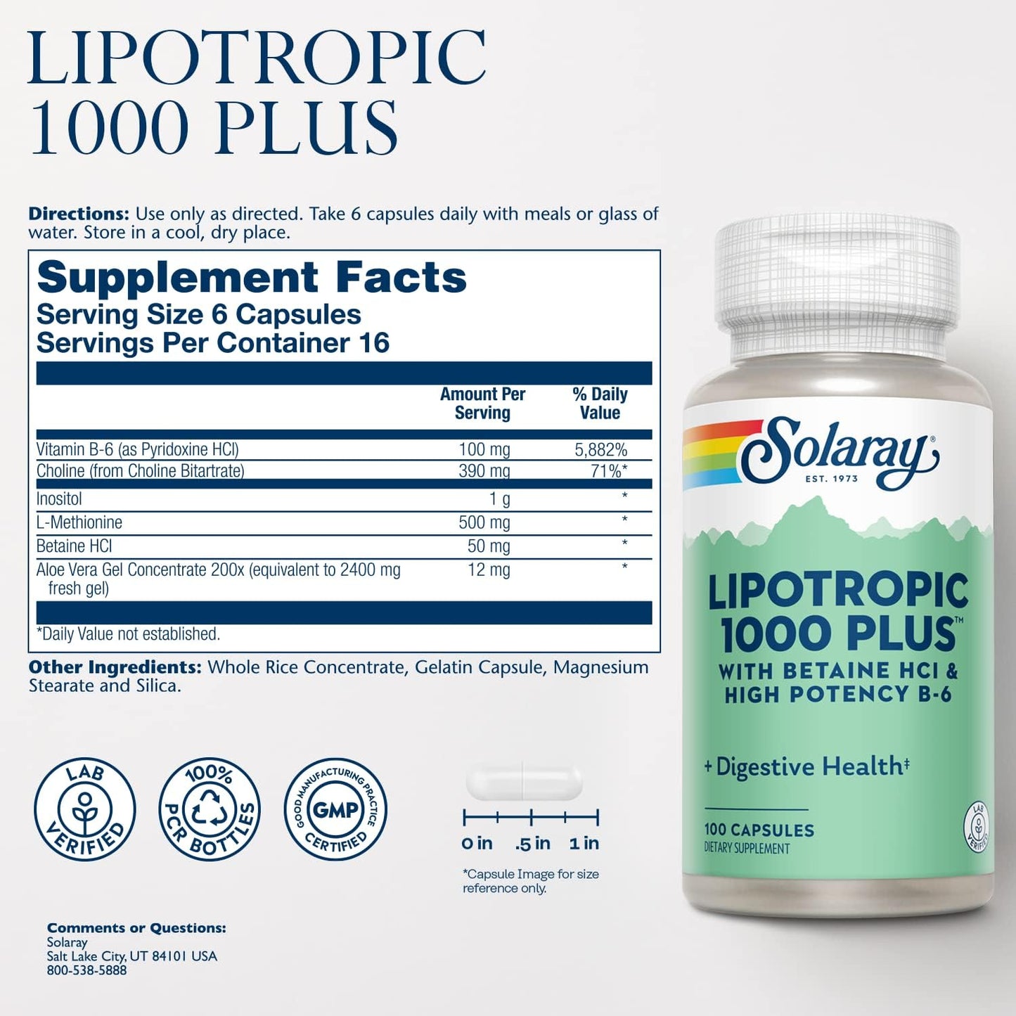 Solaray Lipotropic 1000 Plus Vitamin Capsules - 100 Count for Fat Metabolismboost