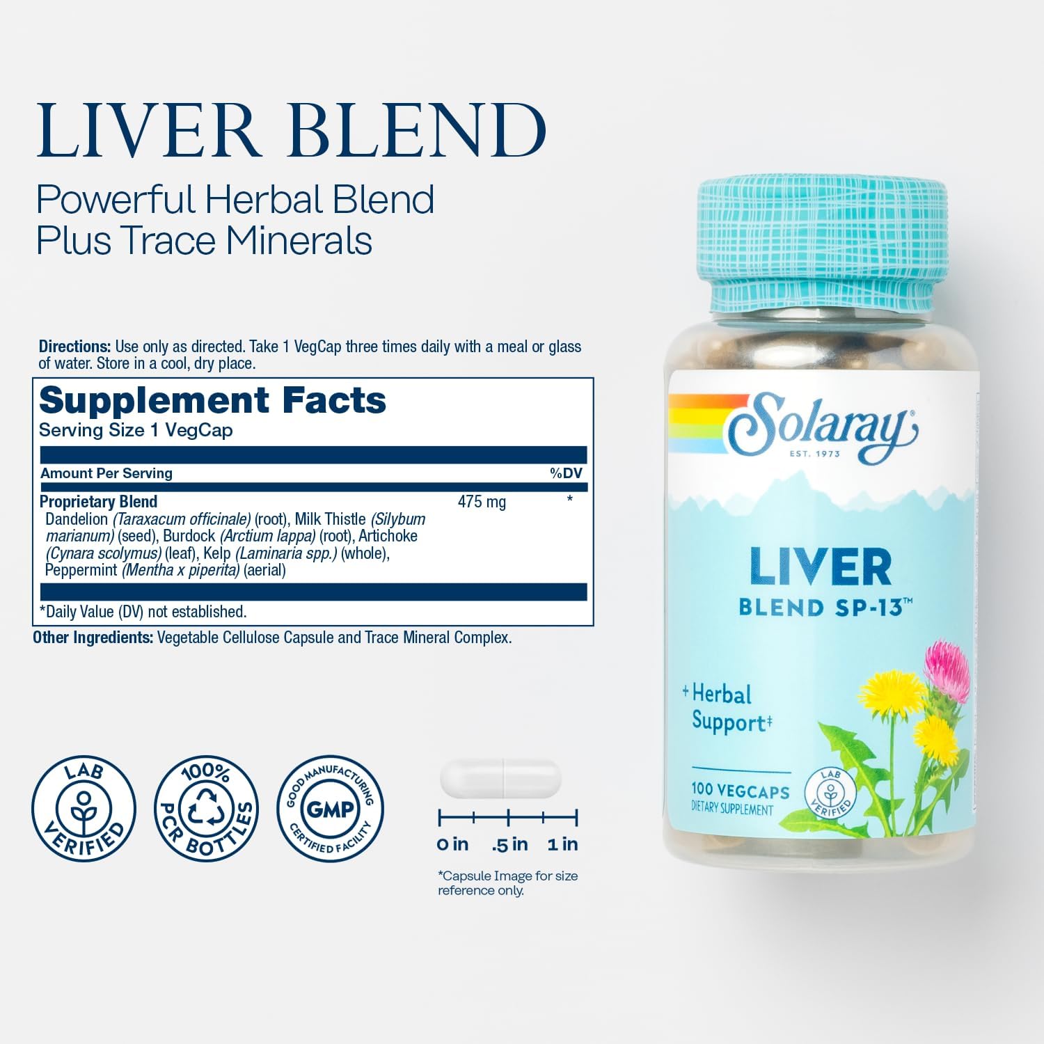 Solaray Liver Blend SP-13: Liver Support Supplement with Milk Thistle, Dandelion, Burdock, Artichoke, Kelp, Peppermint, Trace Minerals - 100 VegCaps