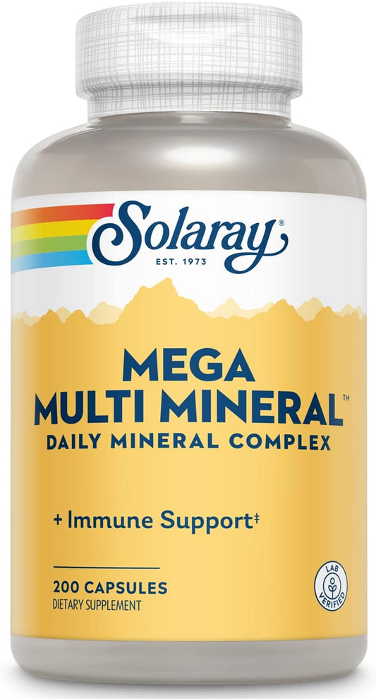 Solaray Mega Multi Mineral Complex: Highly Absorbable Chelated Forms of Calcium, Iron, Magnesium, Zinc, 200 Capsules for Immune Support