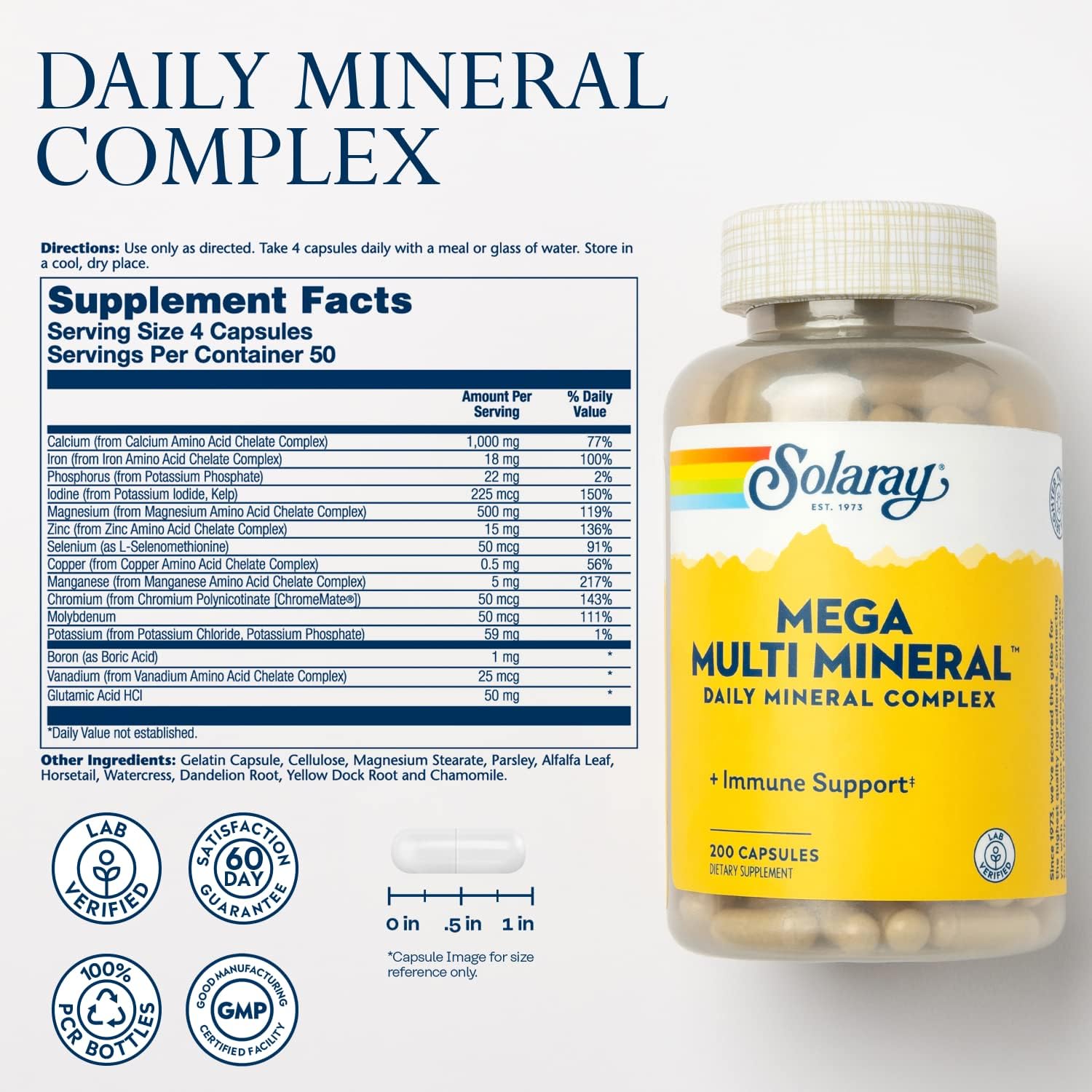Solaray Mega Multi Mineral Complex: Highly Absorbable Chelated Forms of Calcium, Iron, Magnesium, Zinc, 200 Capsules for Immune Support