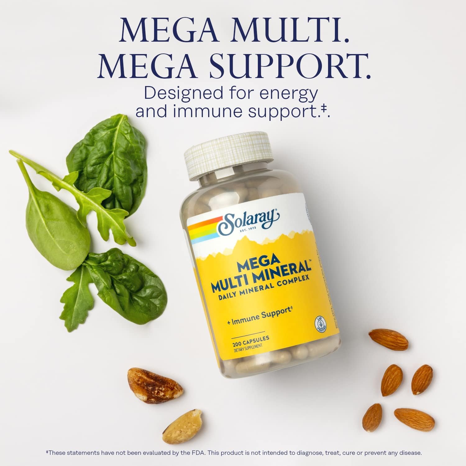 Solaray Mega Multi Mineral Complex: Highly Absorbable Chelated Forms of Calcium, Iron, Magnesium, Zinc, 200 Capsules for Immune Support