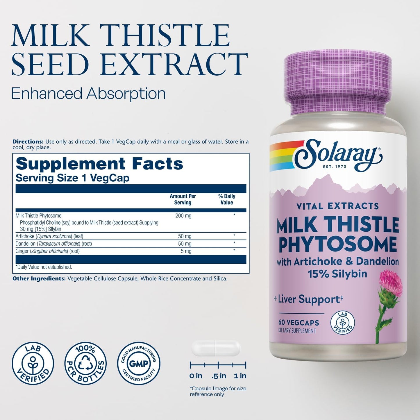 Solaray Milk Thistle Phytosome Liver Supplement with Artichoke, Dandelion & Ginger - 15% Silybin Extract - 60 Servings
