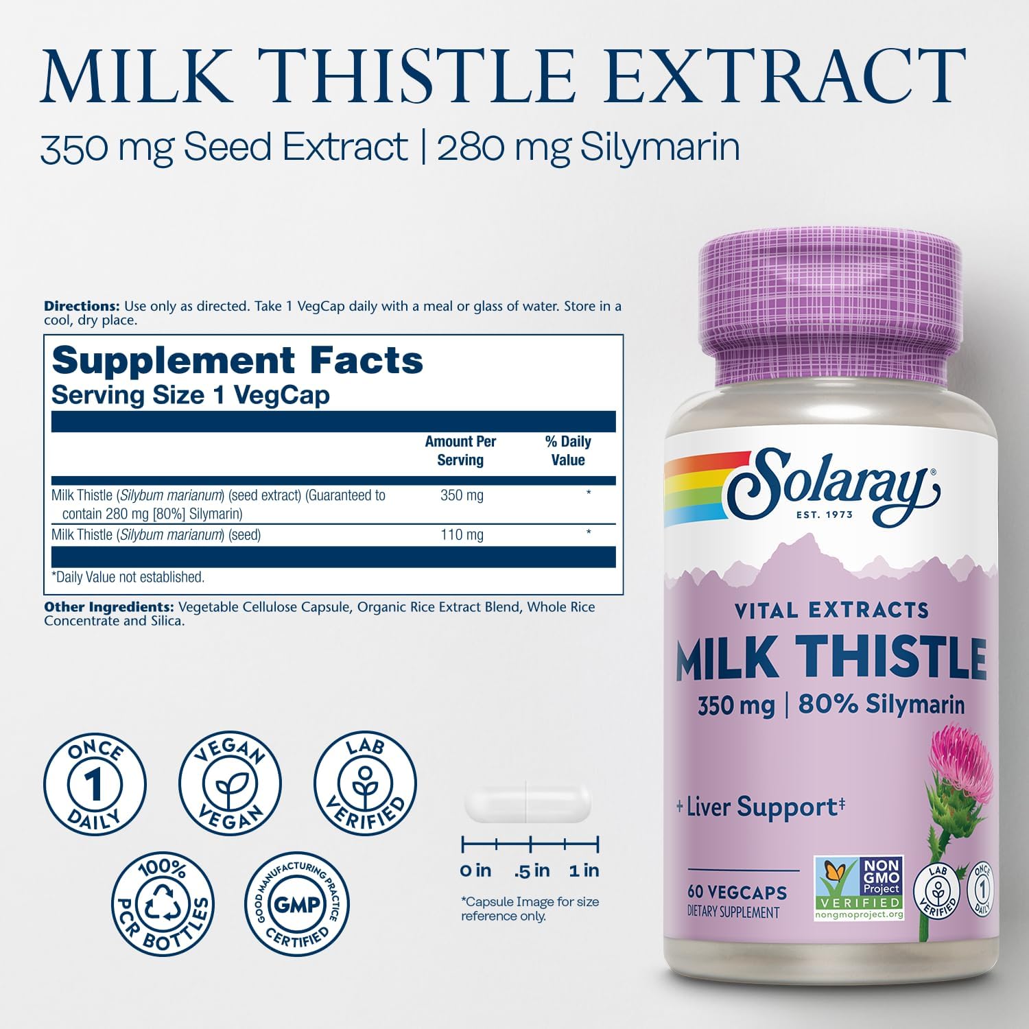 Solaray Milk Thistle Seed Extract 350mg - 80% Silymarin, Liver Support, Vegan, Lab Verified, 60 VegCaps