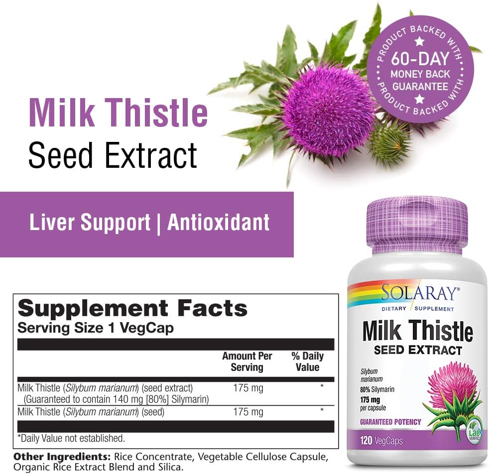 SOLARAY Milk Thistle Seed Extract Capsules - 175mg Antioxidant for Liver Support - Non-GMO & Vegan - 120 Count