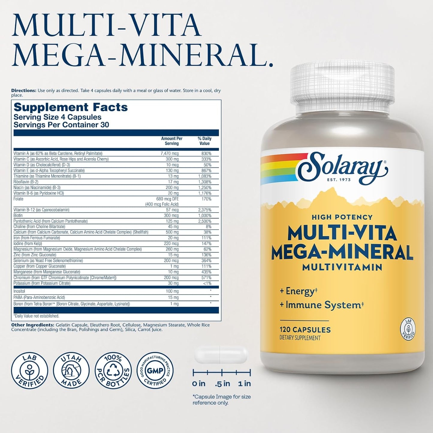 Solaray Multi-Vita Mega-Mineral Multivitamin with Vitamin D, C, Magnesium, Zinc - Energy & Immune Support - 60-Day Guarantee - 120 Capsules