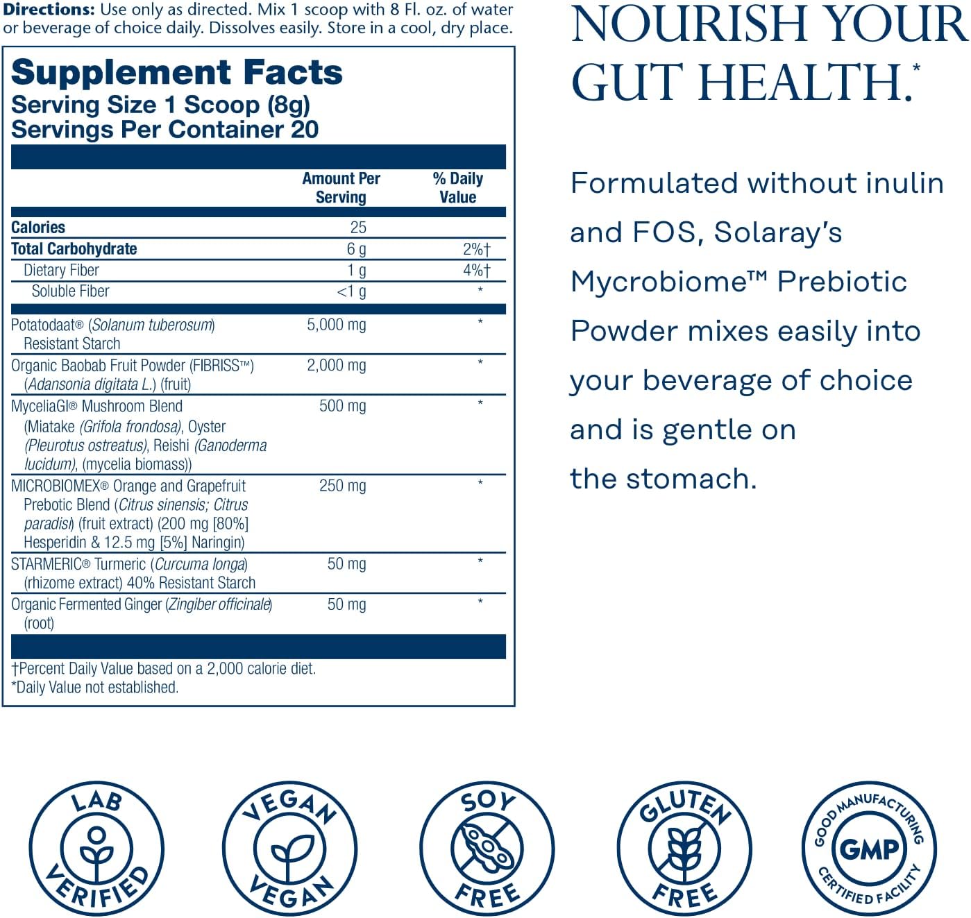 SOLARAY Mycrobiome Prebiotic Powder - Digestive Health Supplement for Men and Women - Non-Gritty Formula - 20 Servings