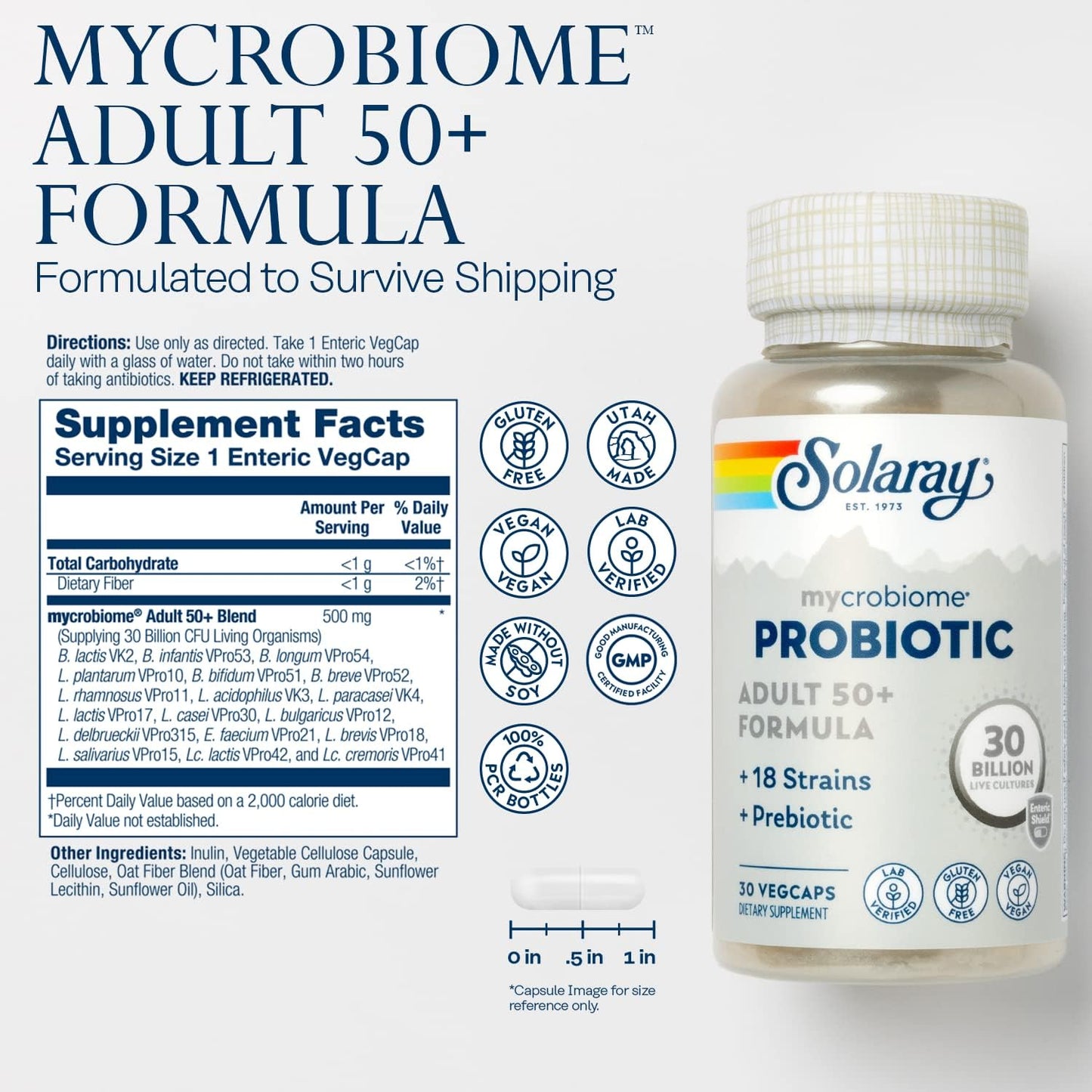 Solaray Mycrobiome Probiotic 50+ for Digestion, Metabolism, Energy - 30 Billion CFU, 30 VegCaps - Men & Women's Colon & Urinary Tract Support