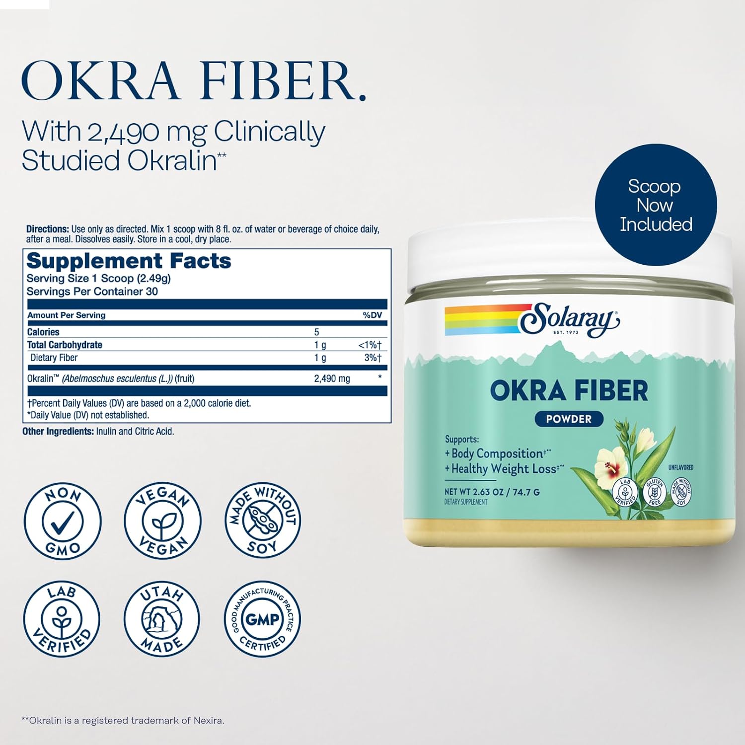 SOLARAY Okra Fiber Powder: Digestion Support, Body Composition, Reduce Fat Absorption - Unflavored, Gluten Free, Vegan - 30 Servings