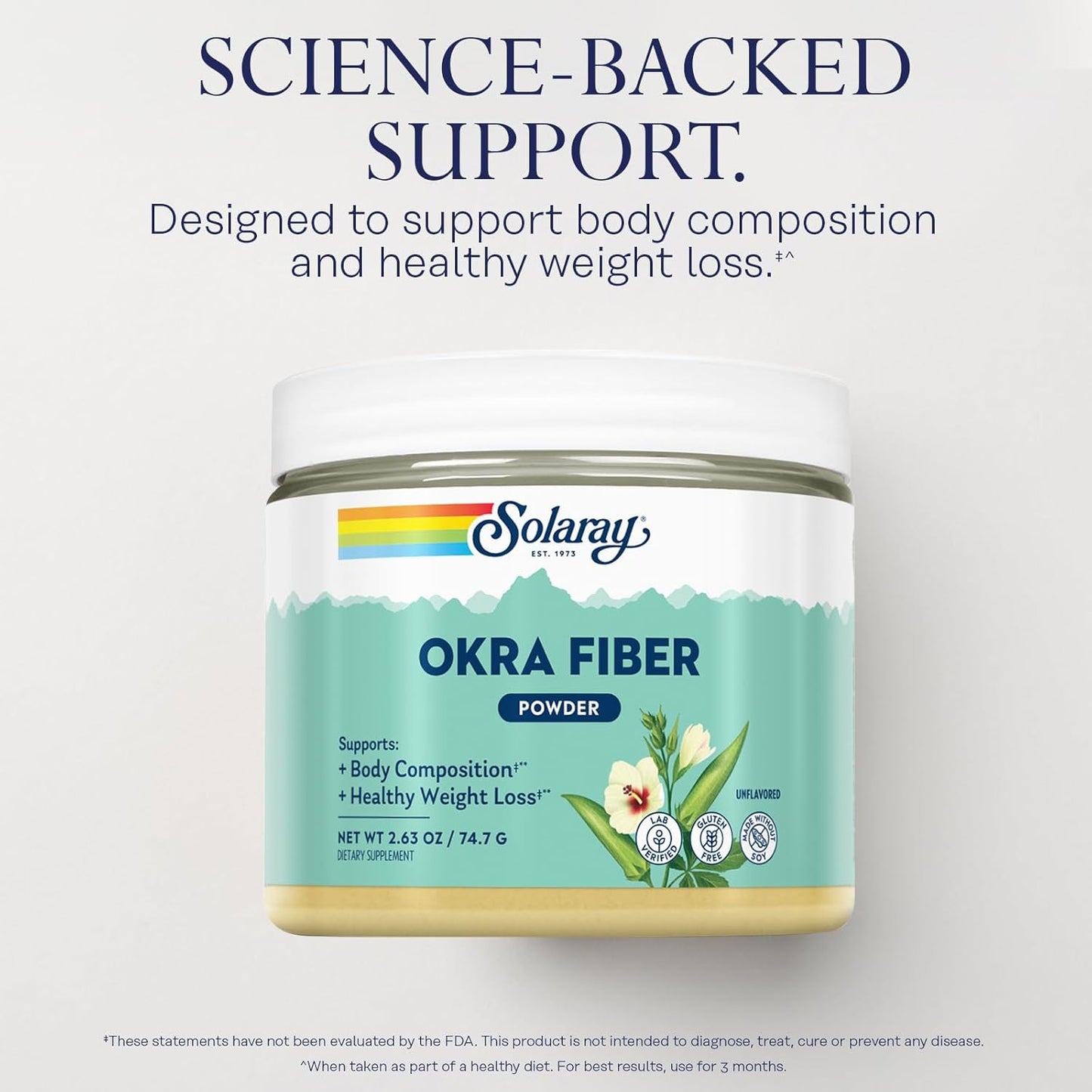 SOLARAY Okra Fiber Powder: Digestion Support, Body Composition, Reduce Fat Absorption - Unflavored, Gluten Free, Vegan - 30 Servings