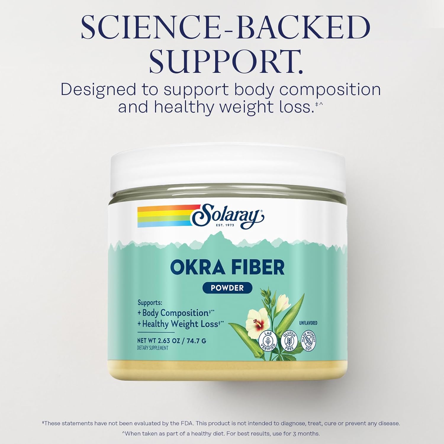 SOLARAY Okra Fiber Powder: Digestion Support, Body Composition, Reduce Fat Absorption - Unflavored, Gluten Free, Vegan - 30 Servings