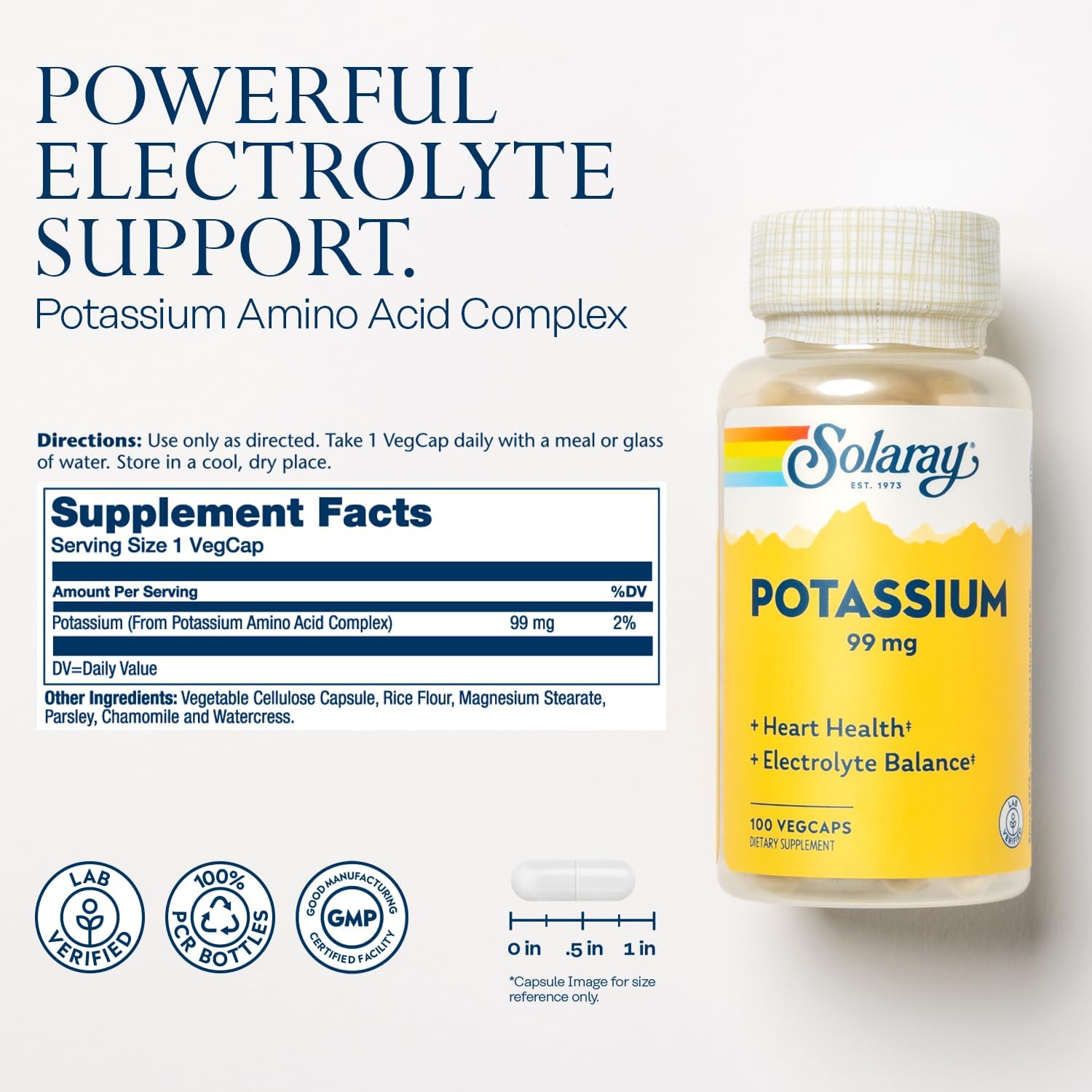 Solaray Potassium 99mg Capsules - Electrolyte Balance Support for Heart & Vascular Health - 100 VegCaps, Lab Verified, 60-Day Guarantee