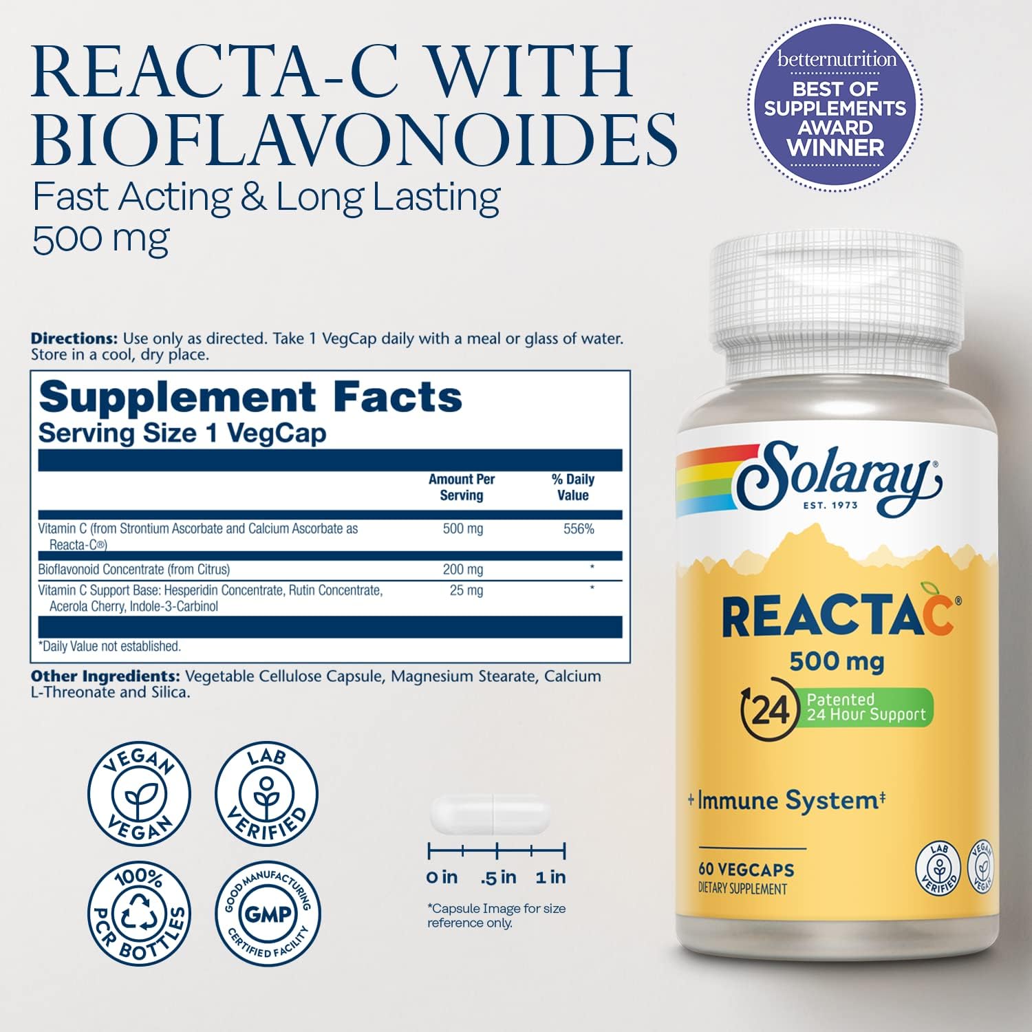 Solaray Reacta-C 500mg Vitamin C with Bioflavonoids - Immune Defense Support - 24 Hour Protection - Vegan - 60 Capsules