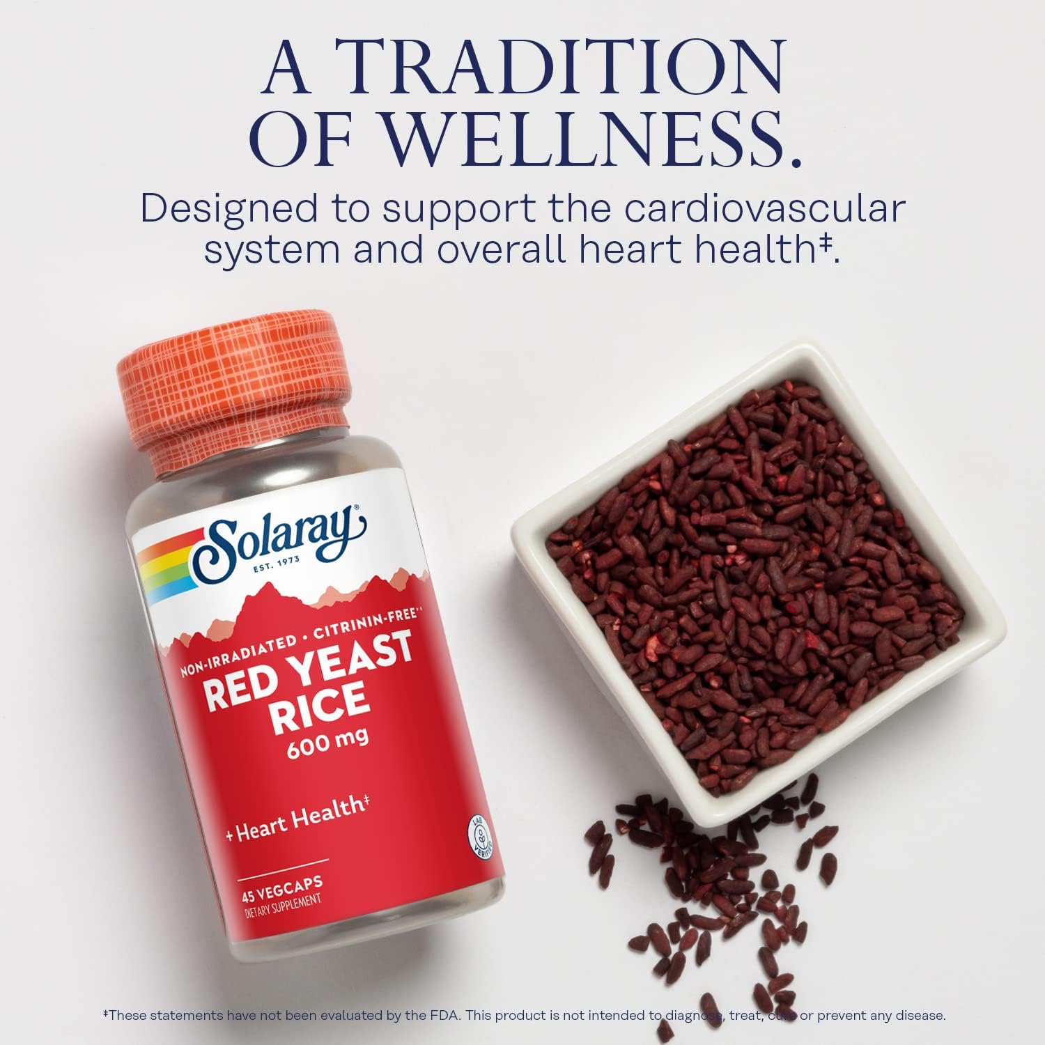 Solaray Red Yeast Rice Capsules - 600mg, 45 Capsules - Supports Healthy Cholesterol Levels