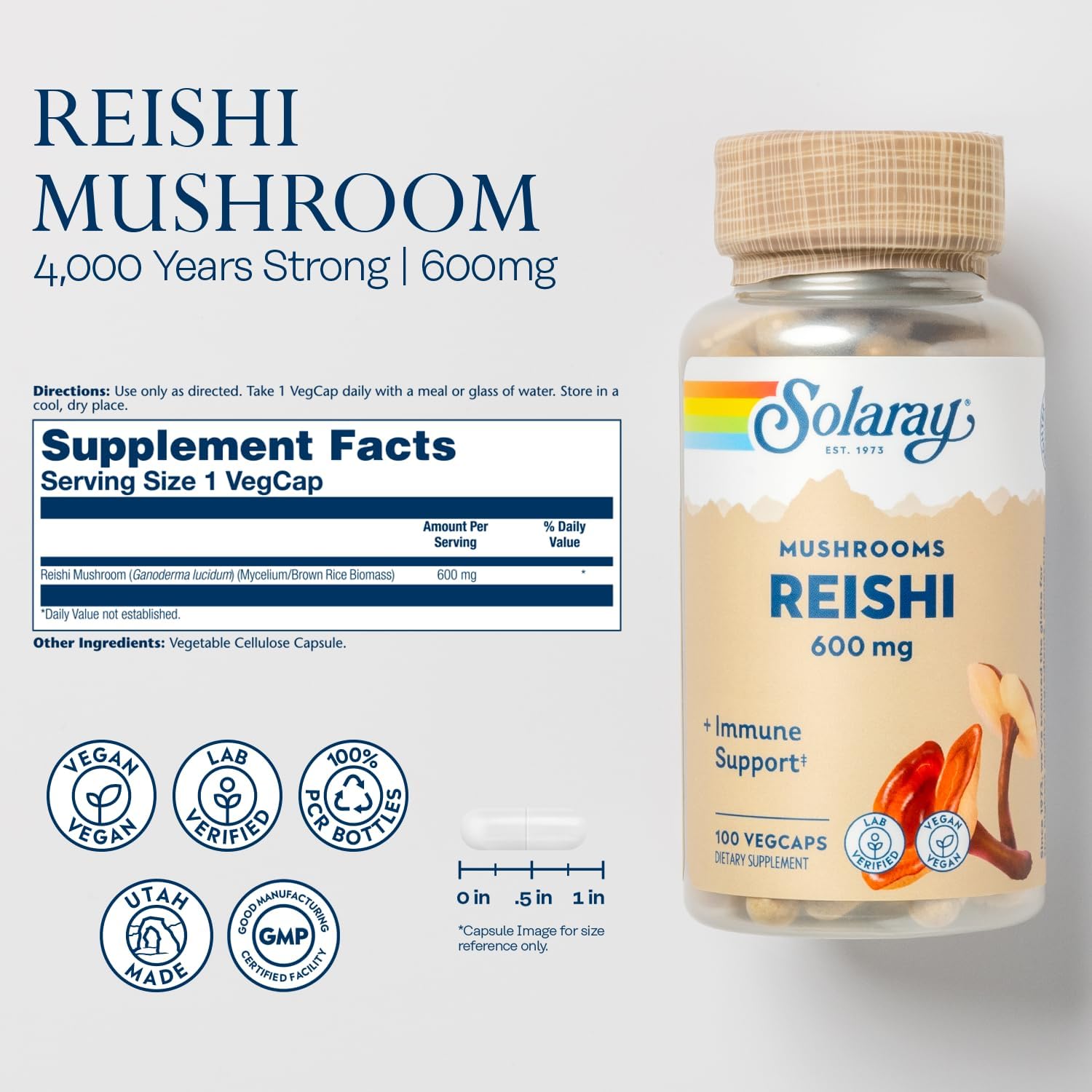 SOLARAY Reishi Mushroom Capsules - 600mg Immune Support Supplement for Vegans - Lab Verified, 100 Servings, 60-Day Guarantee