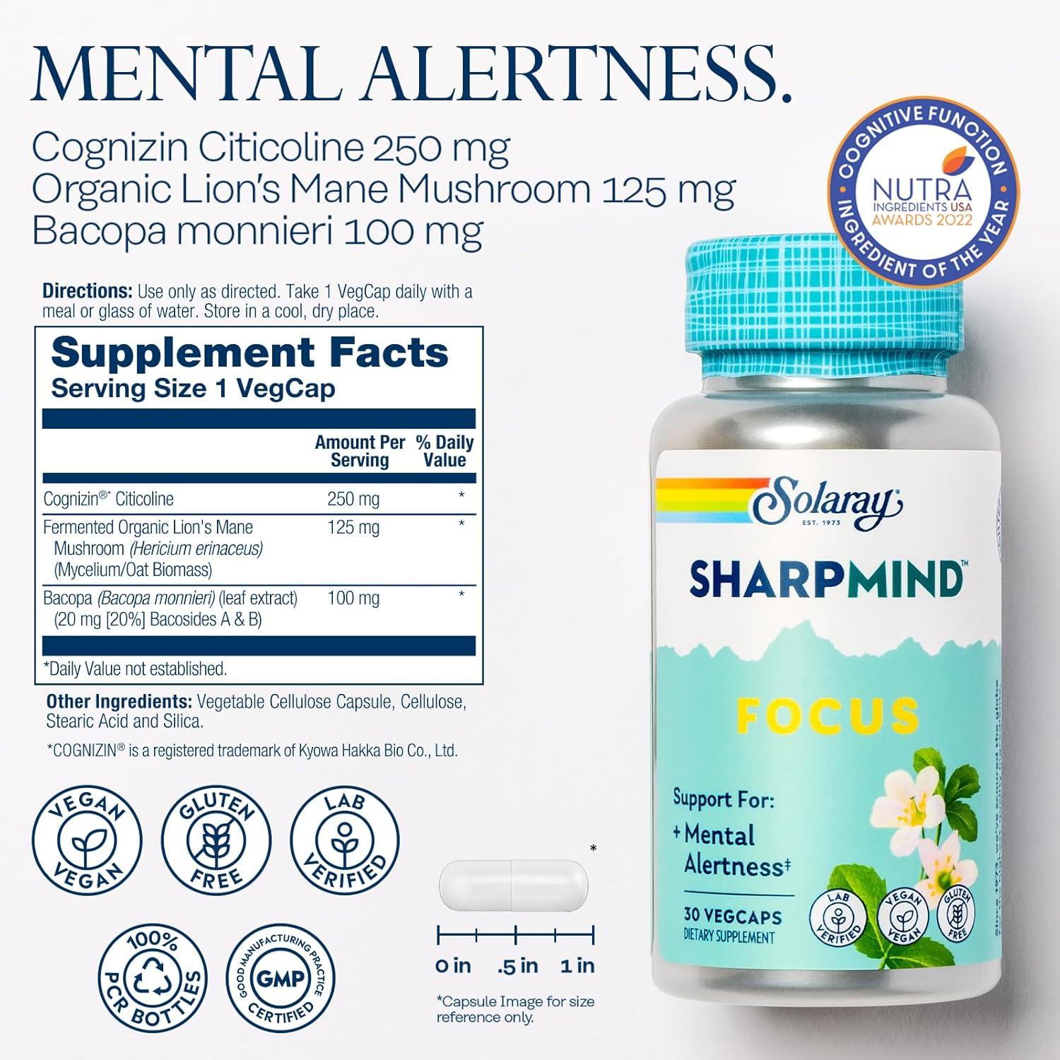 Solaray SharpMind Focus Nootropic Supplement with Cognizin Citicoline - Memory Support, Mental Alertness, Vegan - 30 Capsules, 60 Day Guarantee