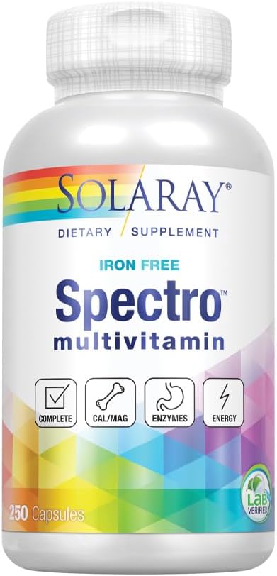 Solaray Spectro Multivitamin without Iron, 250 Capsules - Includes Calcium, Magnesium, Energizing Greens, Herbs, and Digestive Enzymes - 42 Servings