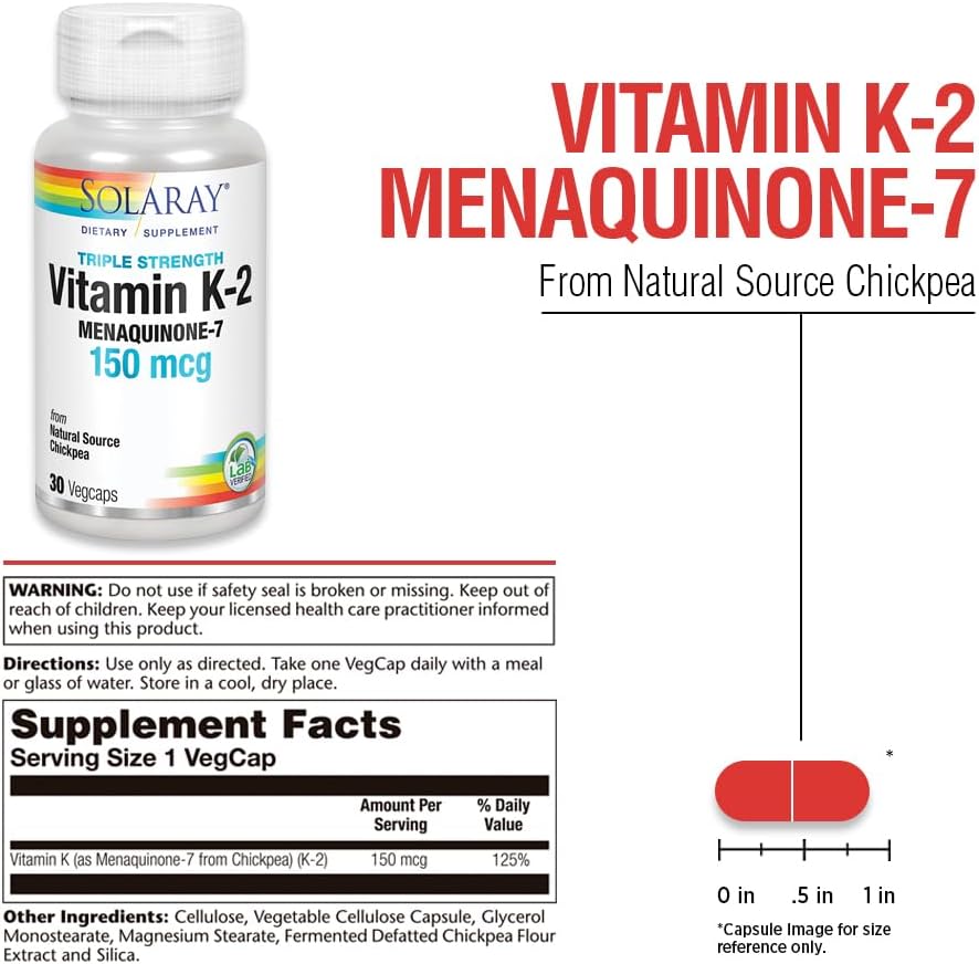 Solaray Triple Strength Vitamin K-2 MK-7 150mcg Capsules for Heart & Bone Health - 30 Count
