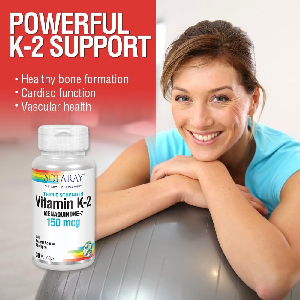 Solaray Triple Strength Vitamin K-2 MK-7 150mcg Capsules for Heart & Bone Health - 30 Count