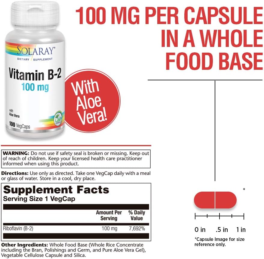 Solaray Vitamin B-2 Riboflavin 100mg Capsules with Aloe Vera for Healthy Energy Metabolism, Skin, Hair, and Nails - 100 Count