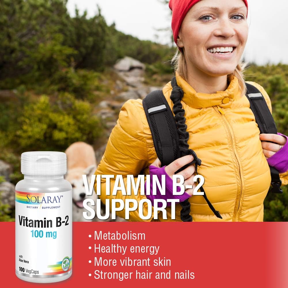 Solaray Vitamin B-2 Riboflavin 100mg Capsules with Aloe Vera for Healthy Energy Metabolism, Skin, Hair, and Nails - 100 Count