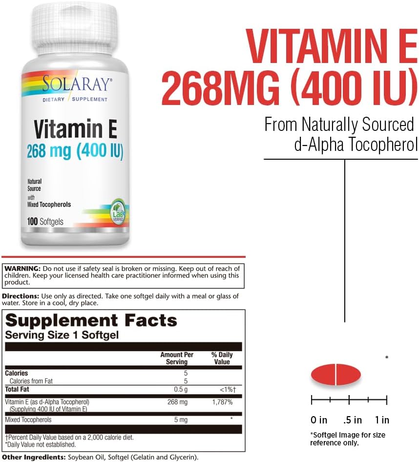 Solaray Vitamin E d-Alpha Tocopherol 268mg (400 IU) Capsules for Heart & Skin Health - Antioxidant Support - 100 Count