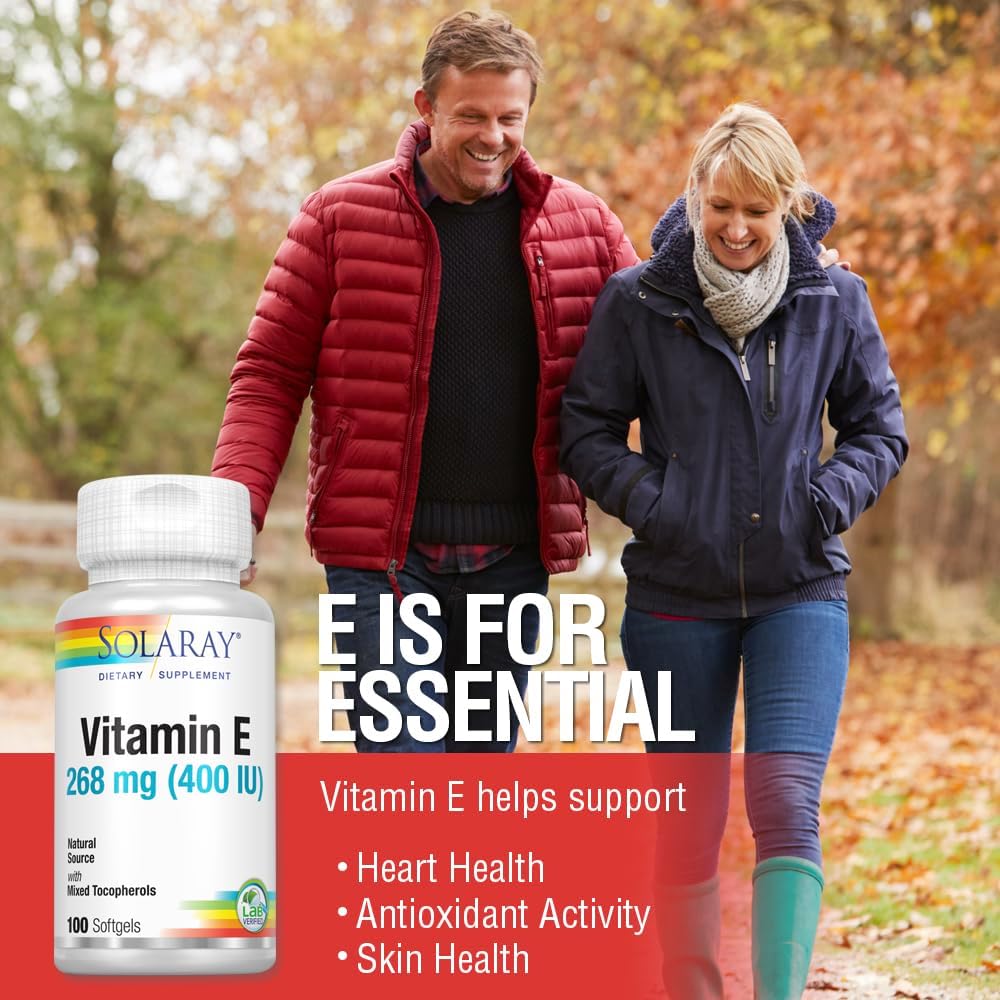 Solaray Vitamin E d-Alpha Tocopherol 268mg (400 IU) Capsules for Heart & Skin Health - Antioxidant Support - 100 Count