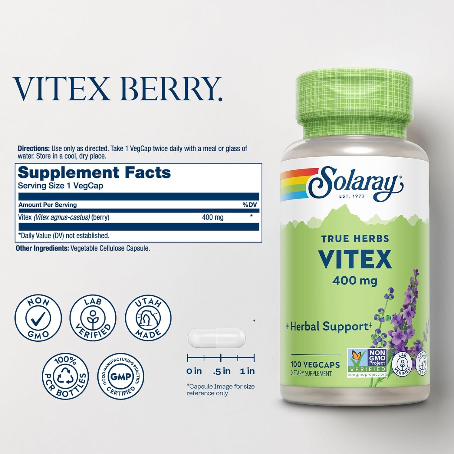 Solaray Vitex Berry Capsules 400mg for Women's Hormone Balance | Supports Menstrual Health & Menopause Symptoms | 100 Count
