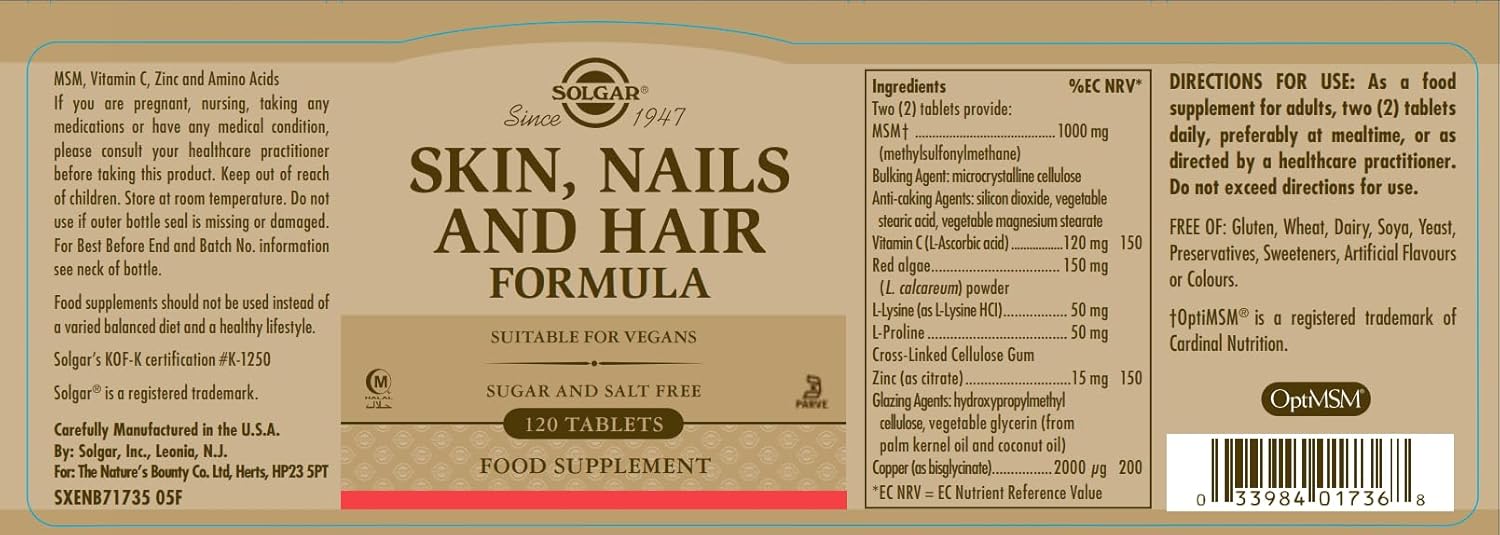 Solgar Advanced MSM Formula for Skin, Nails & Hair - 120 Tablets with Collagen Support - Zinc, Vitamin C & Copper - Non GMO, Vegan, Gluten & Dairy Free
