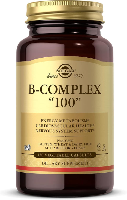 Solgar B-Complex "100" 150 Capsules - Heart & Nervous System Support - Energy Metabolism - Non GMO, Vegan, Gluten/ Dairy Free, Kosher, Halal - 150 Servings