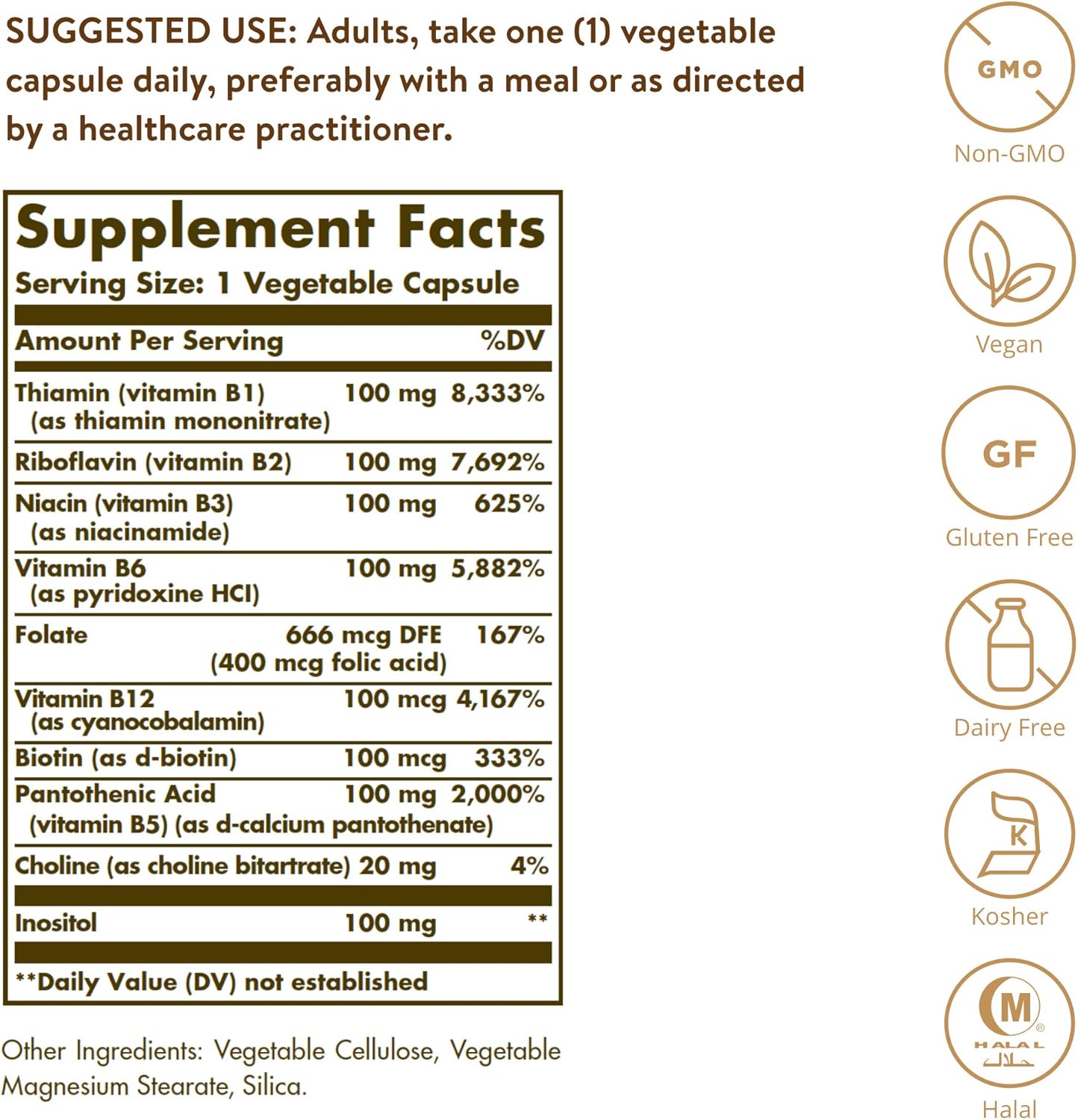 Solgar B-Complex "100" 150 Capsules - Heart & Nervous System Support - Energy Metabolism - Non GMO, Vegan, Gluten/ Dairy Free, Kosher, Halal - 150 Servings