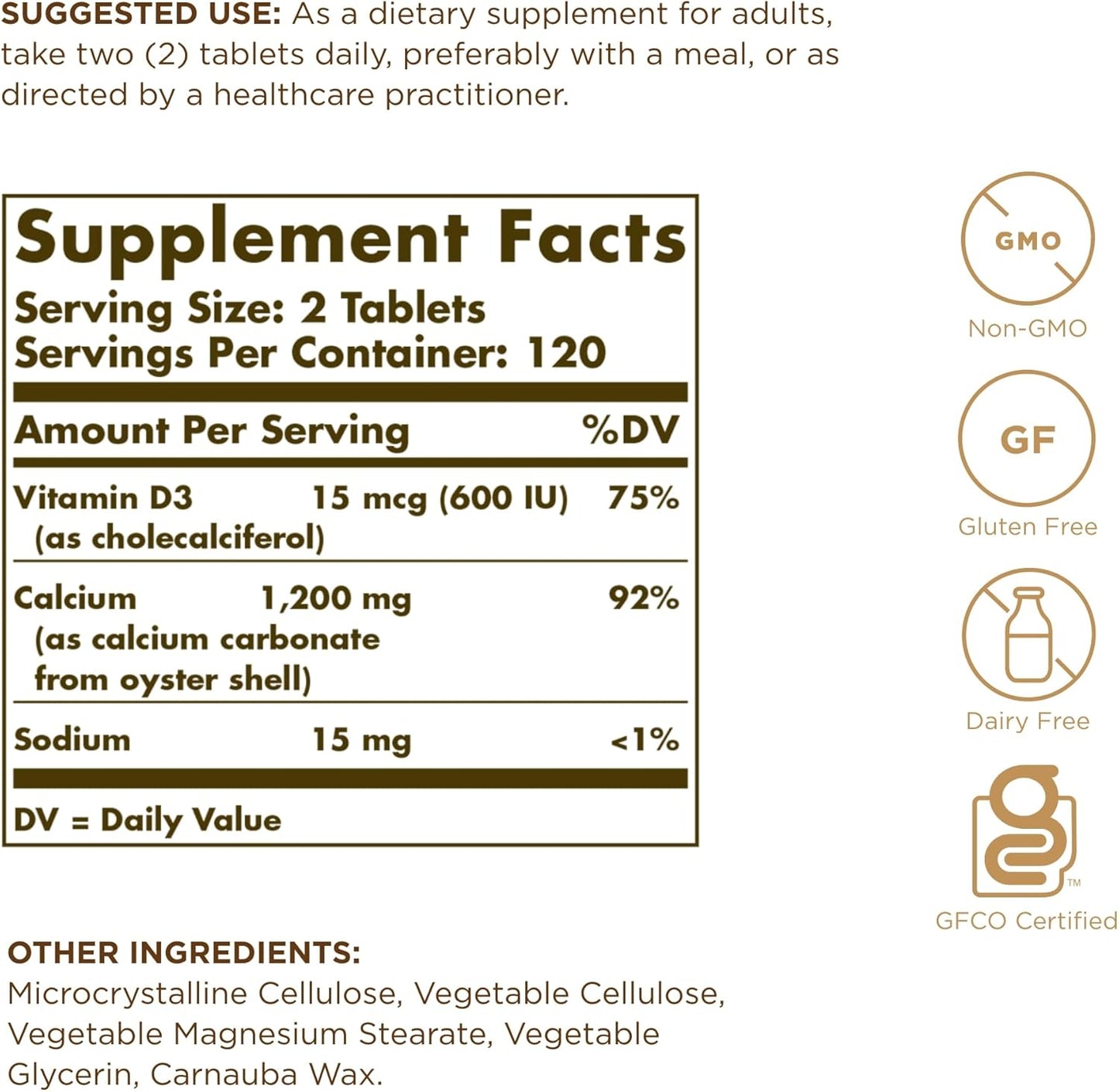 Solgar Calcium 600 with Vitamin D3 - 480 Tablets (2-Pack) - Non-GMO, Gluten Free, Dairy Free - Oyster Shell Source