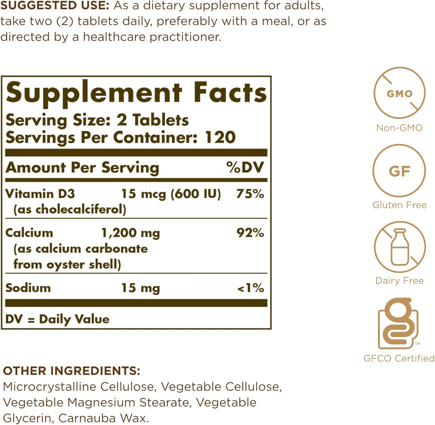 Solgar Calcium 600 with Vitamin D3 - 480 Tablets (2-Pack) - Non-GMO, Gluten Free, Dairy Free - Oyster Shell Source