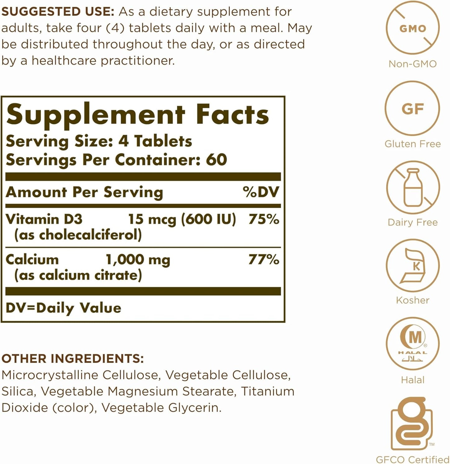 Solgar Calcium Citrate with Vitamin D3 Tablets - Non-GMO, Gluten Free, Kosher, Halal - 240 Count