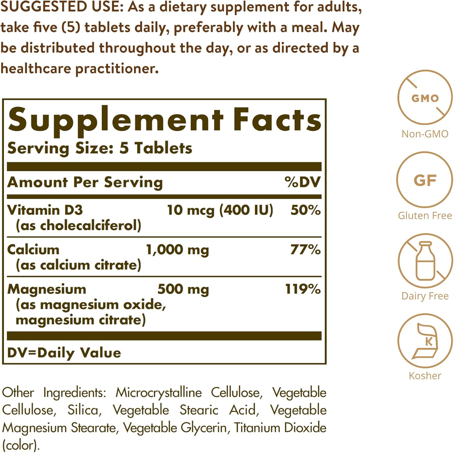 Solgar Calcium Magnesium with Vitamin D3 Tablets - Supports Bone Health, Nerve & Muscle Function - Highly Absorbable - Non-GMO, Gluten Free, Dairy Free - 60 Servings