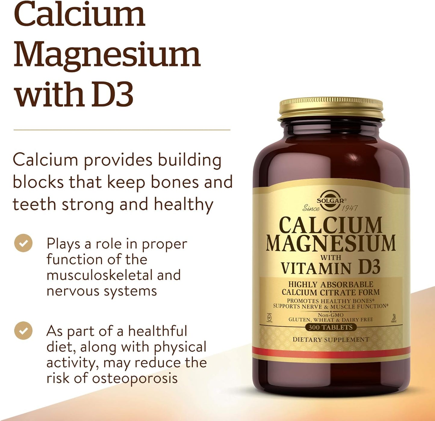 Solgar Calcium Magnesium with Vitamin D3 Tablets - Supports Bone Health, Nerve & Muscle Function - Highly Absorbable - Non-GMO, Gluten Free, Dairy Free - 60 Servings