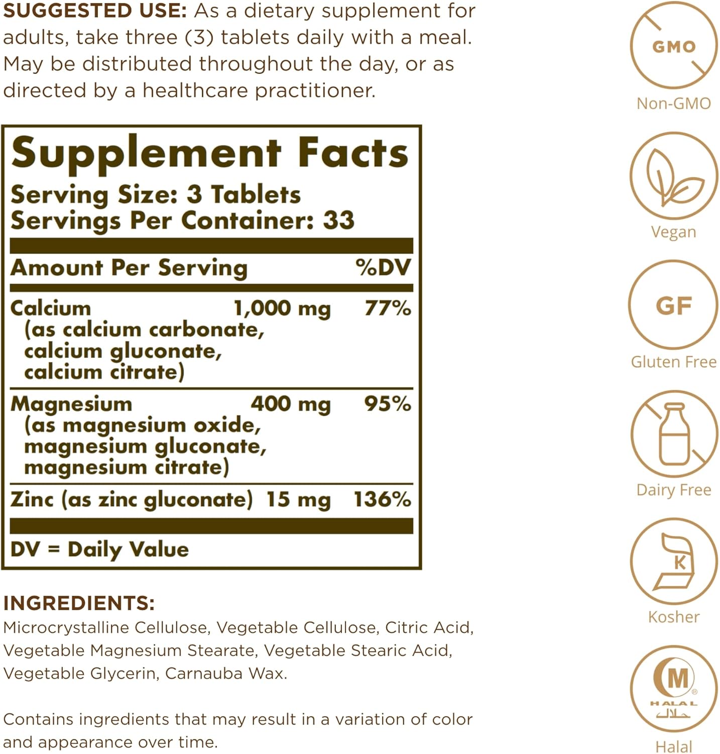 Solgar Calcium Magnesium Zinc Tablets - 750 Count, 3-Pack - Supports Bone Health & Muscle Function - Non-GMO, Vegan, Gluten-Free - 250 Servings