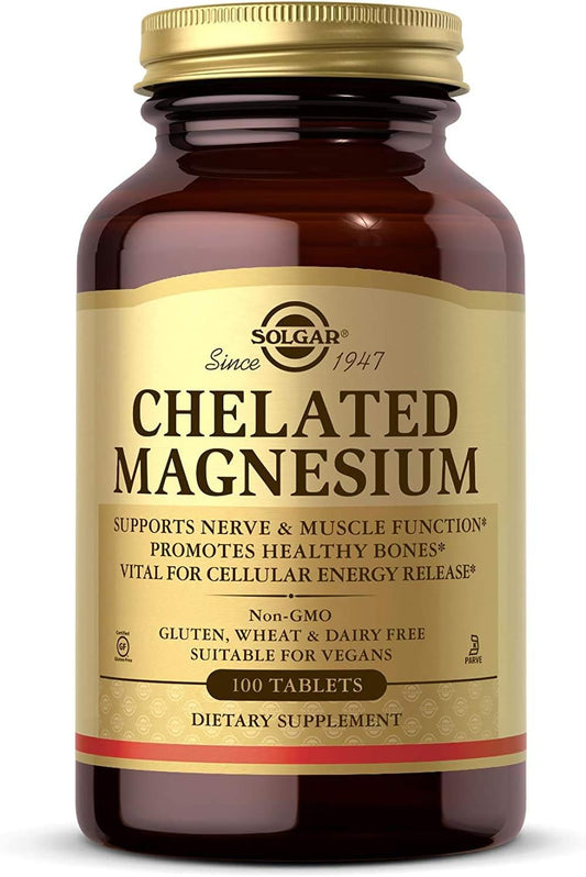 Solgar Chelated Magnesium Tablets - Supports Nerve & Muscle Function - Promotes Healthy Bones - Non-GMO, Vegan, Gluten Free - 25 Servings