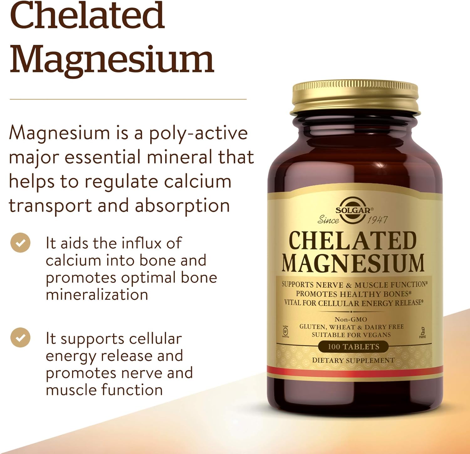 Solgar Chelated Magnesium Tablets - Supports Nerve & Muscle Function - Promotes Healthy Bones - Non-GMO, Vegan, Gluten Free - 25 Servings