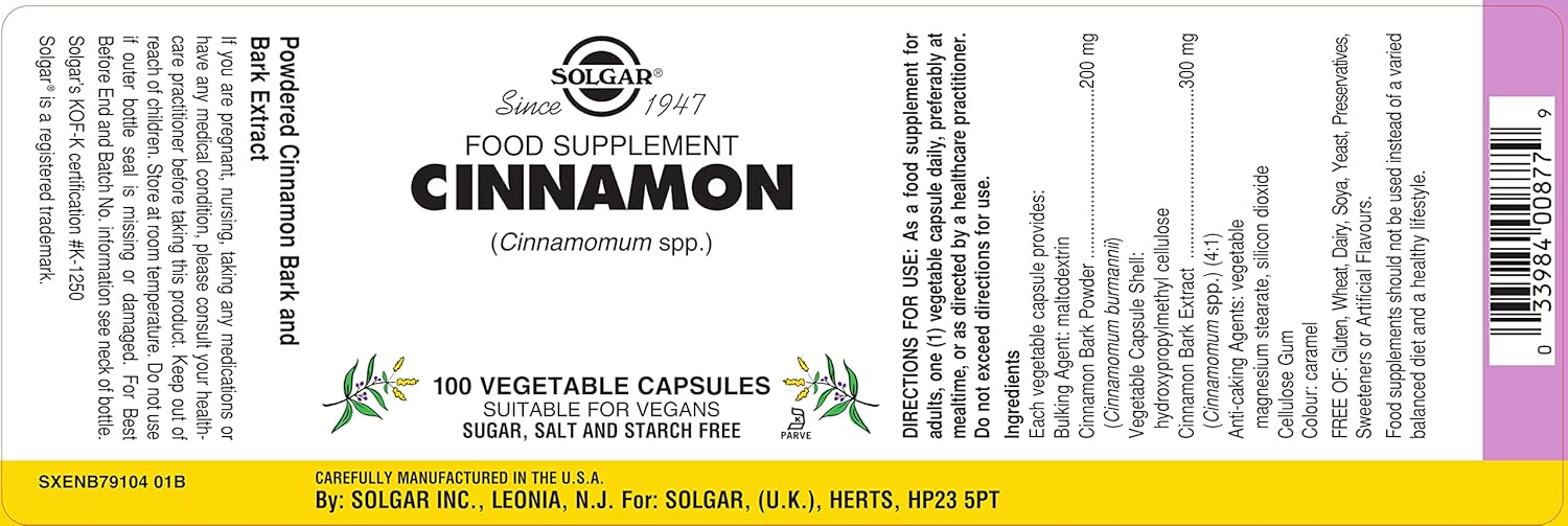 Solgar Cinnamon Capsules - Full Potency - Supports Sugar Metabolism & Overall Wellness - Non-GMO, Vegan, Gluten Free - 100 Servings