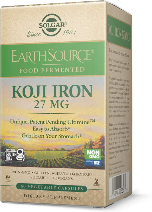 Solgar Earth Source Food Fermented Koji Iron Capsules - 27mg High-Absorption Slow-Release Iron - Non-GMO, Vegan, Gluten-Free - 60 Servings