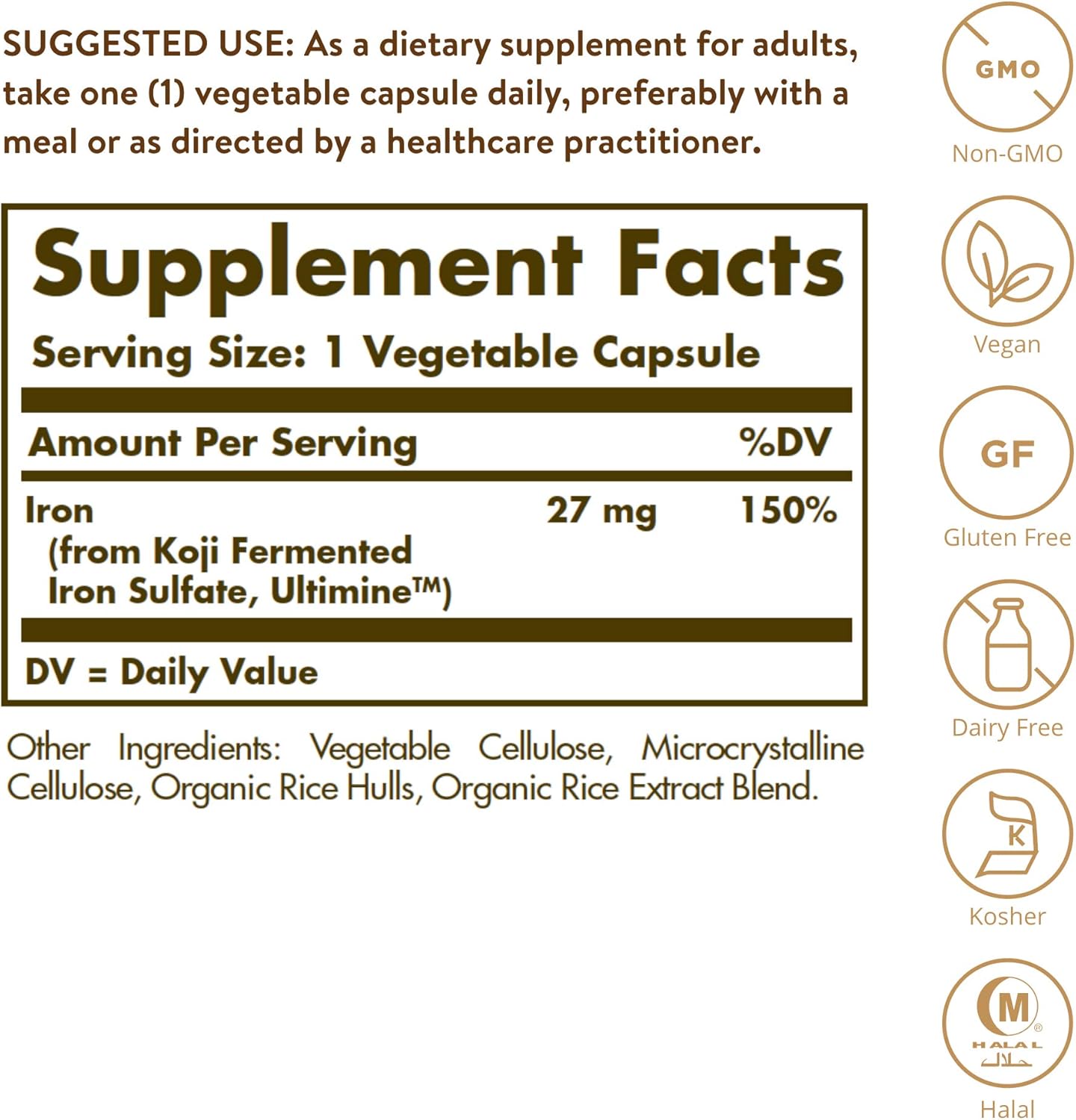 Solgar Earth Source Food Fermented Koji Iron Capsules - 27mg High-Absorption Slow-Release Iron - Non-GMO, Vegan, Gluten-Free - 60 Servings