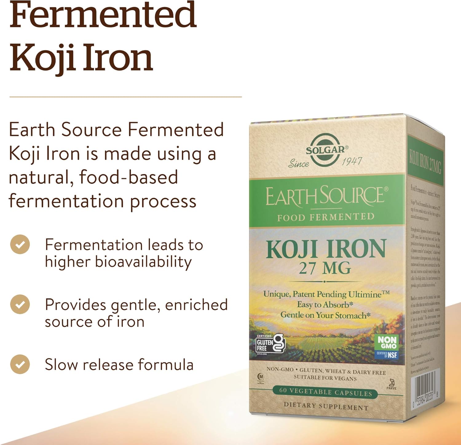 Solgar Earth Source Food Fermented Koji Iron Capsules - 27mg High-Absorption Slow-Release Iron - Non-GMO, Vegan, Gluten-Free - 60 Servings