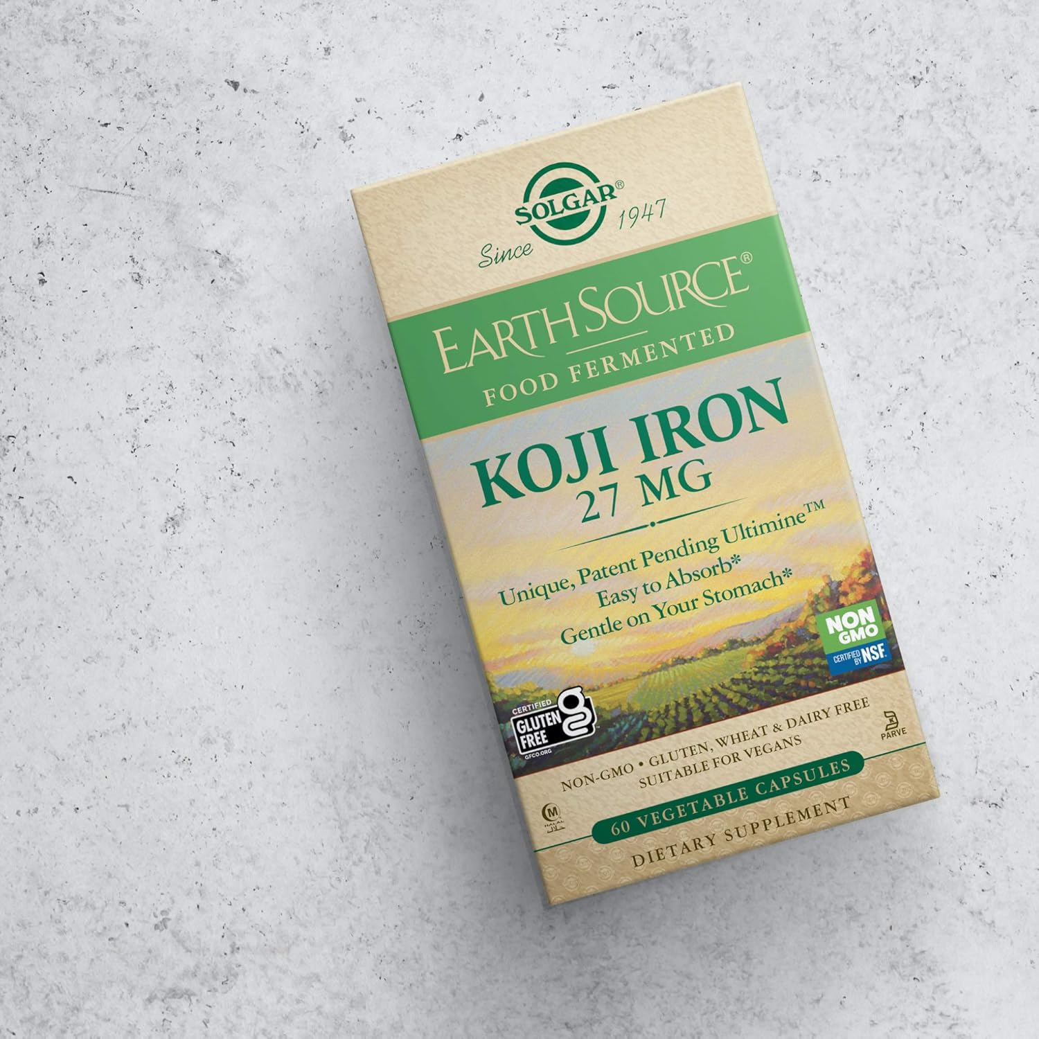 Solgar Earth Source Food Fermented Koji Iron Capsules - 27mg High-Absorption Slow-Release Iron - Non-GMO, Vegan, Gluten-Free - 60 Servings