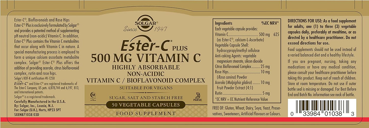 Solgar Ester-C Plus 500mg Vitamin C Capsules - Antioxidant & Immune Support - Non-Acidic Formula - 50 Servings - Non-GMO, Vegan, Gluten-Free, Kosher