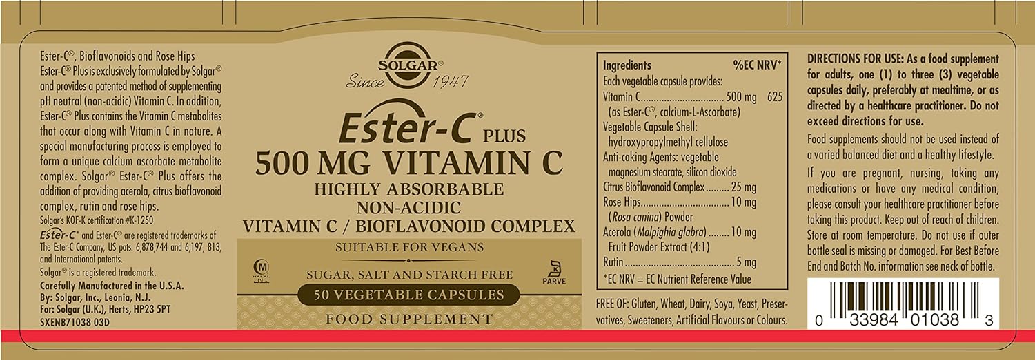 Solgar Ester-C Plus 500mg Vitamin C Capsules - Antioxidant & Immune Support - Non-Acidic Formula - 50 Servings - Non-GMO, Vegan, Gluten-Free, Kosher