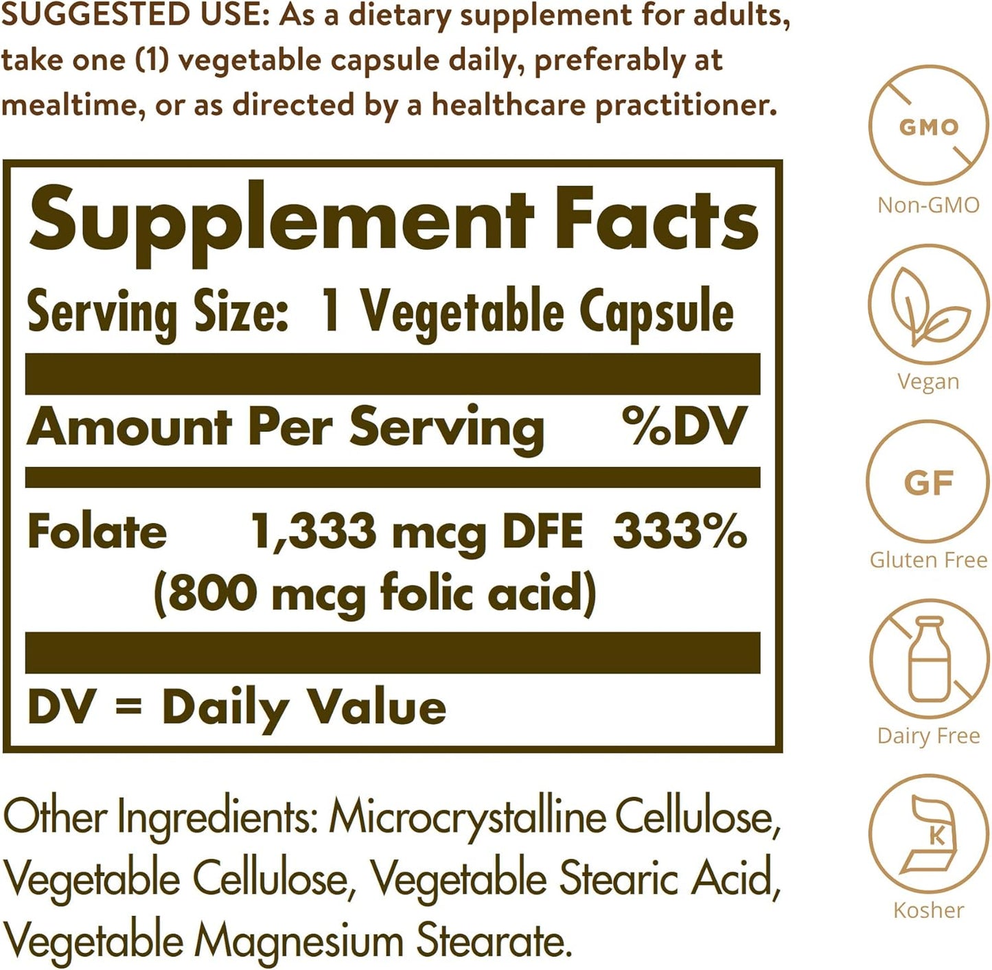 Solgar Folate 1,333 mcg Capsules - Heart Health, Nervous System, Prenatal Support - Non-GMO, Vegan, Gluten Free
