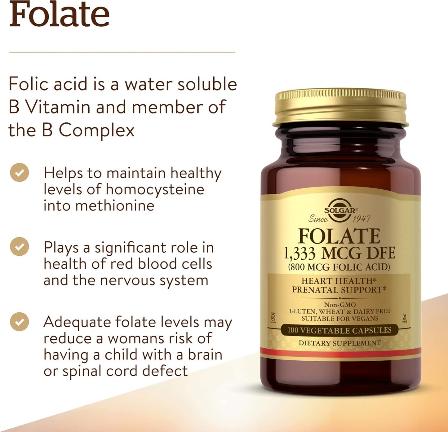 Solgar Folate 1,333 mcg Capsules - Heart Health, Nervous System, Prenatal Support - Non-GMO, Vegan, Gluten Free