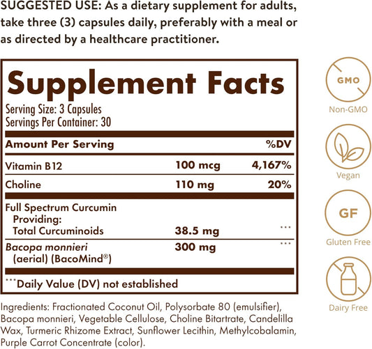 Solgar Full Spectrum Curcumin Brain Support Capsules - Memory, Focus, Cognitive Function - Antioxidant Blend with BacoMind, Choline, Vitamin B12 - Non-GMO, Vegan - 180 Licaps