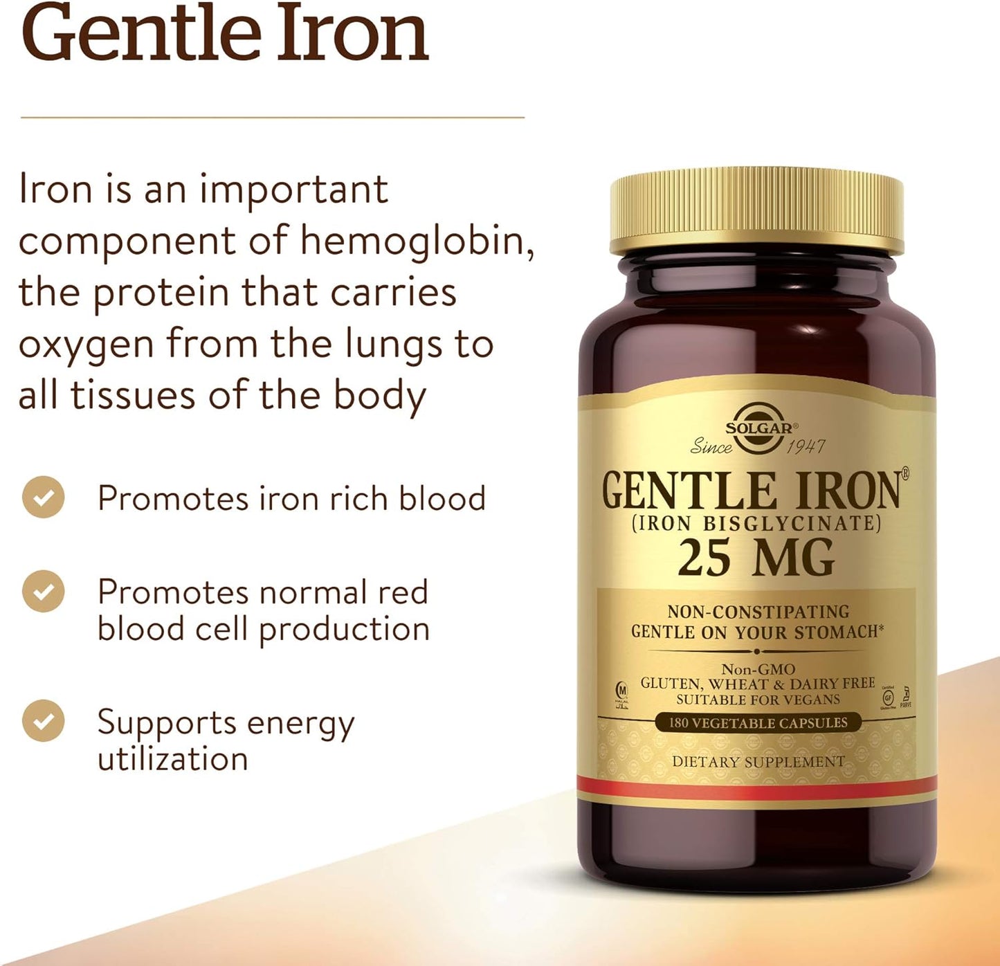 Solgar Gentle Iron - Non-Constipating Red Blood Cell Supplement for Sensitive Stomachs, 180 Count